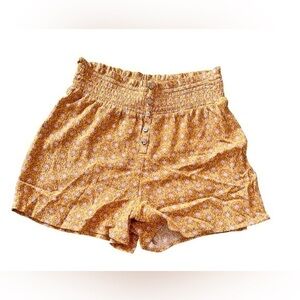 So XS super high rise button front flowy mustard yellow geometric shorts ditsy